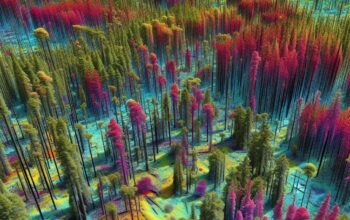 A LiDAR scan over boreal forest stands, with detailed forest stand structures and colorful LiDAR poi